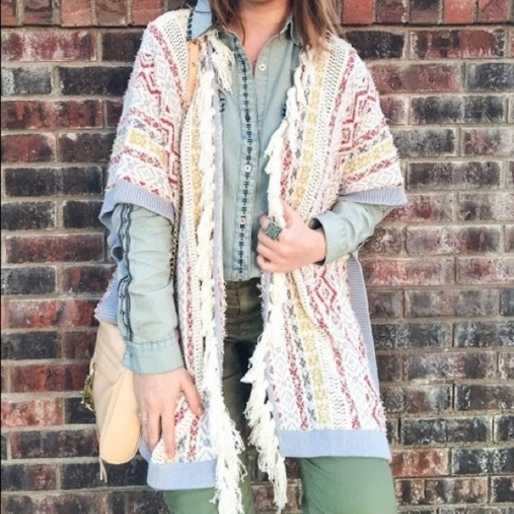 Cabi Boho Fringe Siesta Knit Poncho Sweater Cardigan